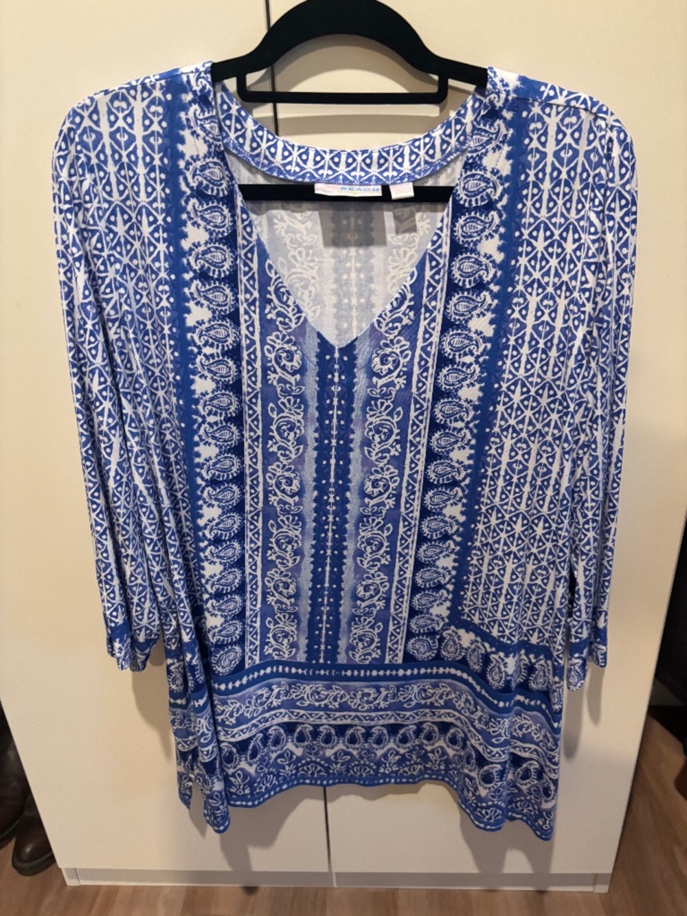 Belle by Kim Gravel Beach 3/4 Sleeve V-Neck Tunic Top Blue XL
